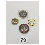 ASSORTED CHALLENGE COINS AND GOLF MARKER,