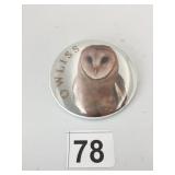 OWL PINBACK BUTTON, BARN OWL IMAGE, METAL