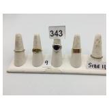 ASSORTED RINGS, INCLUDES PLAIN BAND, ENAMEL LEAF