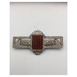 ART DECO STYLE BROOCH, RECTANGULAR RED STONE,