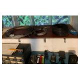 ASSORTED STEEL CABLE, BLACK WIRE, POWER ADAPTERS,