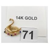 14K GOLD SWAN BROOCH, 5.97 GRAMS BRUSHED FINISH,