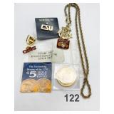 ASSORTED COLLECTIBLE PINS, GOLD-TONE ROPE CHAIN,