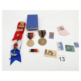 ASSORTED MILITARY MEDALS, RIBBONS, AND POSTAGE