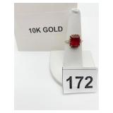 10K GOLD RING, EMERALD-CUT RED STONE 2.8 GRAMS SZ
