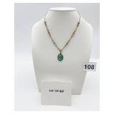 1/20 12K GF NECKLACE, OVAL GREEN STONE PENDANT,
