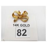 14K GOLD BOW BROOCH, 11.08 GRAMS TEXTURED FINISH,