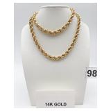 14K GOLD ROPE CHAIN NECKLACE, LOBSTER CLASP.