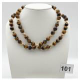 TIGER EYE BEAD NECKLACE, 8K GOLD RIBBED SPACER