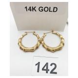 14K GOLD BAMBOO HOOP EARRINGS, 3.6 GRAMS TEXTURED