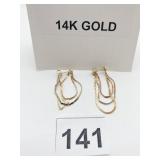 14K GOLD TRICOLOR EARRINGS, TRIPLE CHAIN DROP