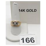 14K GOLD RING, ROUND CLEAR STONE, CHANNEL