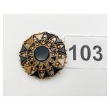 10K GOLD BLACK ENAMEL BROOCH, 10.7 GRAMS