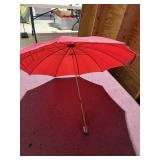 UMBRELLA, RED CANOPY, CARVED WOOD HANDLE, METAL