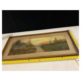 LANDSCAPE DRAWING, SUNSET, DIRT ROAD, SIGNED