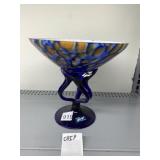 ALICJA HAND MADE POLAND ART GLASS BOWL, BLUE AND