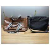BROWN FAUX LEATHER TOTE W/ GEOMETRIC STRAP,