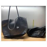 METALLIC WOVEN TOTE BAG, BLACK SNAKESKIN-TEXTURED
