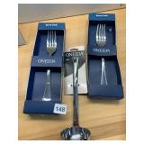 ONEIDA STAINLESS STEEL SERVE FORKS, LADLE, NIB.