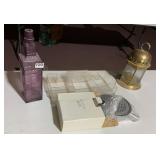 ASSORTED DECORATIVE ITEMS, INCLUDES PURPLE GLASS