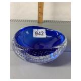 ART GLASS BOWL, COBALT BLUE INTERIOR, CLEAR GLASS