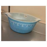 PYREX CASSEROLE DISH, BLUE W/ WHITE SNOWFLAKE