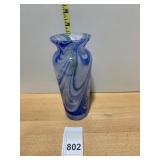 ART GLASS VASE, BLUE AND WHITE SWIRL PATTERN,