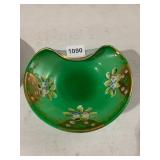 ART GLASS BOWL, GREEN OVERLAY, HAND-PAINTED