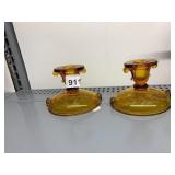 AMBER GLASS CANDLESTICKS, ETCHED FLORAL MOTIF,