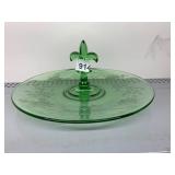GREEN DEPRESSION GLASS SERVING TRAY, FLEUR-DE-LIS