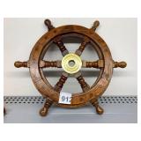 WOODEN SHIP WHEEL, BRASS CENTER HUB, NAUTICAL