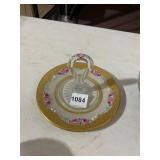 GLASS SERVING TRAY, GOLD GILT RIM, FLORAL ENAMEL