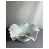 MILK GLASS SERVING BOWL, DIAMOND QUILTED PATTERN,
