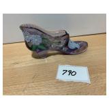 ART GLASS SHOE, PURPLE GLASS, HAND PAINTED FLORAL