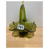 MOON AND STAR PATTERN GLASS BASKET, OLIVE GREEN