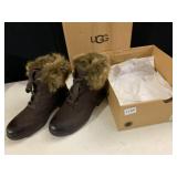 UGG LACE-UP BOOTS, BROWN LEATHER, FAUX FUR