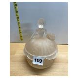 FROSTED GLASS POWDER JAR, LADY FIGURAL LID,