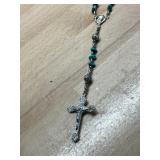 METAL ROSARY, TURQUOISE BEADS, FLORAL METAL