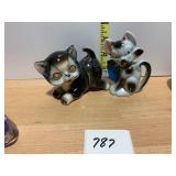 CERAMIC CAT FIGURINES, HAND-PAINTED, ONE W/ BLUE