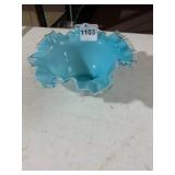 ART GLASS BOWL, LIGHT BLUE OPALESCENT GLASS,
