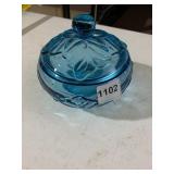 BLUE PRESSED GLASS COVERED DISH, LEAF AND VINE