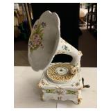 PORCELAIN GRAMOPHONE FIGURINE, FLORAL MOTIF, GILT
