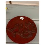 LACQUERWARE PLATE, RED FINISH, CARVED MAGNOLIA