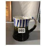 STUDIO POTTERY MUG, HAND-THROWN, BLUE AND BROWN