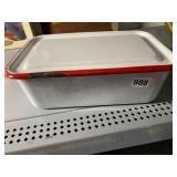 ENAMEL RECTANGULAR PAN, WHITE W/ RED RIM, LID