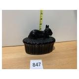 BLACK GLASS COVERED DISH, RABBIT FINIAL, BASKET