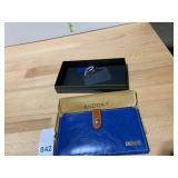 ANDOILT WALLET, BLUE LEATHER, BROWN SNAP TAB,