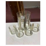 HOMART GLASS VASE AND TUMBLERS, FEATHER EMBEDDED