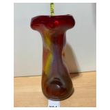 ART GLASS VASE, MULTICOLOR SWIRL, RED RIM,
