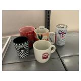 ASSORTED MUGS AND COLLECTIBLE CAN, INCLUDES